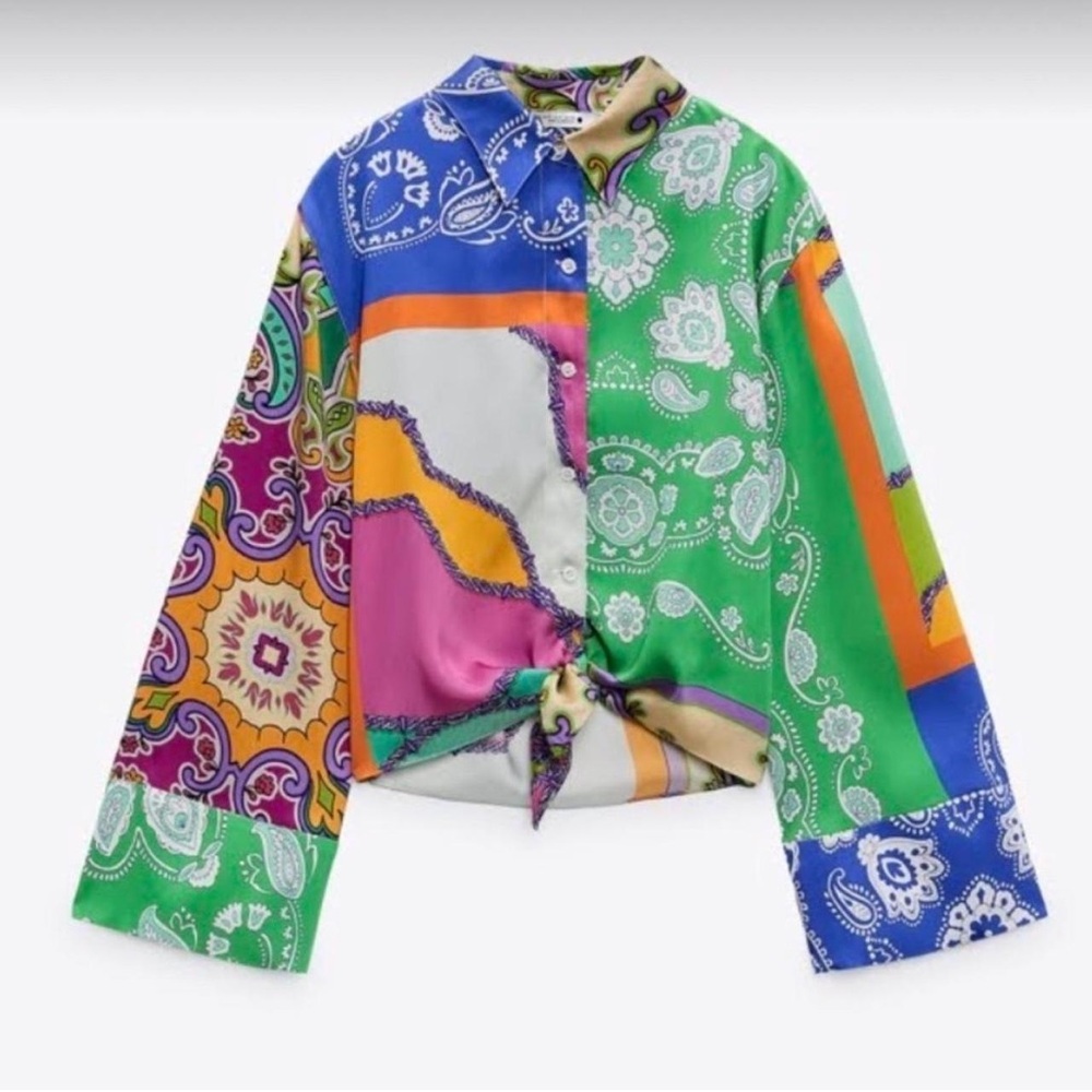 Zara Paisley Multicolored Bandana Print Long Sleeve Silk Shirt Size Small
